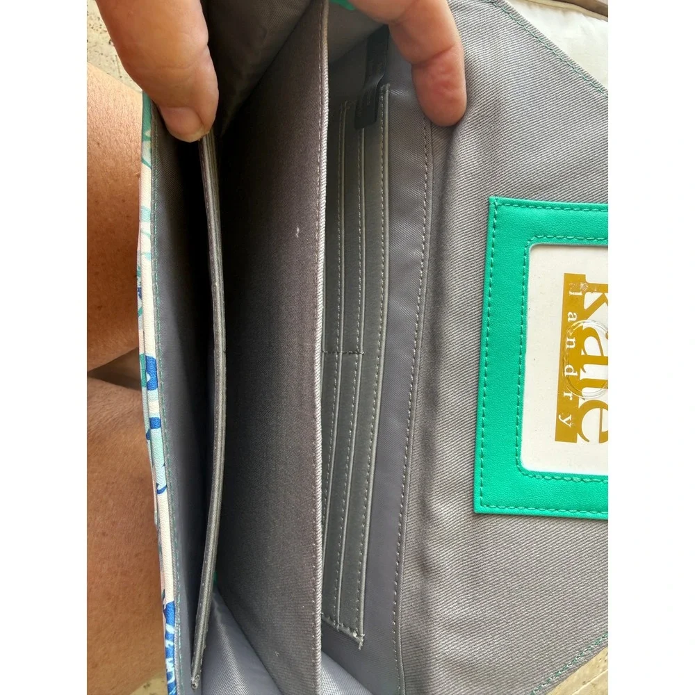 Kate‎ Landry Blue Teal Floral Envelope Clutch Wallet Snap Closure ID Window